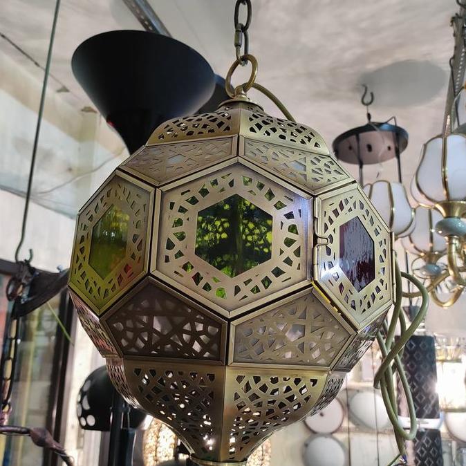 LAMPU GANTUNG KUNINGAN IMPORT / LAMPU KUNINGAN KACA PATRI IMPORT