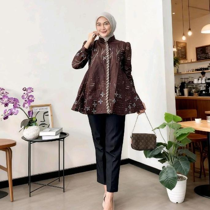 PROMO Baju Batik Wanita Modern Terbaru Model Kebaya Janggan Lengan Panjang Puffy Blouse Batik Wanita