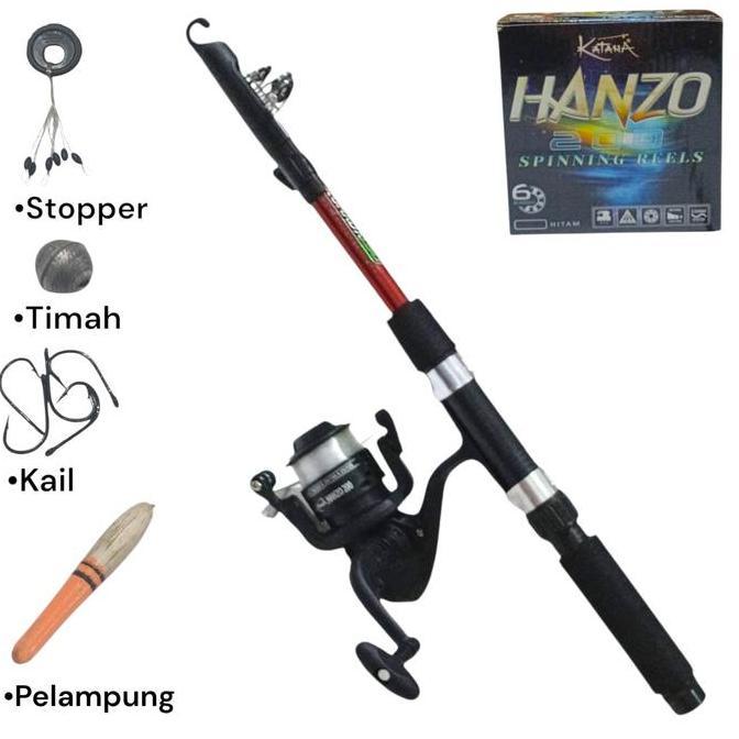 Lansungkirim- Set Pancing Hanzo 200 6 Bearing Siap Pakai Joran Panjang 1.5 Meter Kekuatan 10 Lbs 5Kg