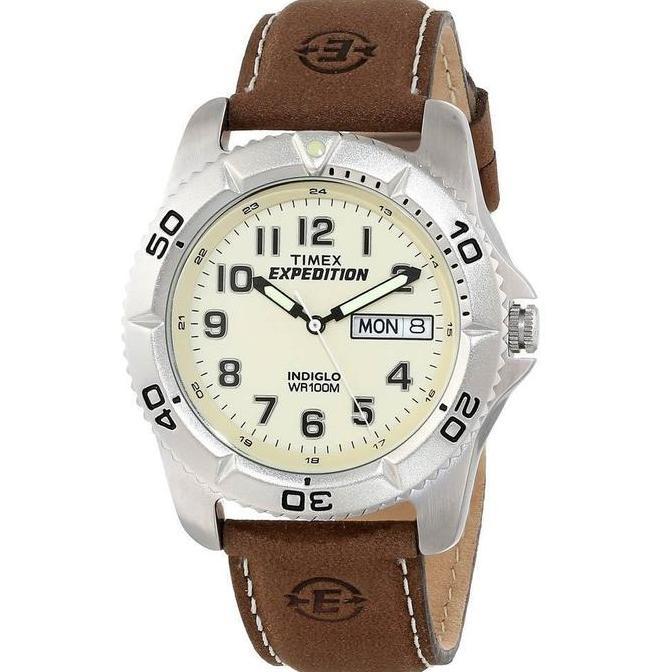 Timex T46681 Men Expedition Brown Leather Watch Indiglo Day Date