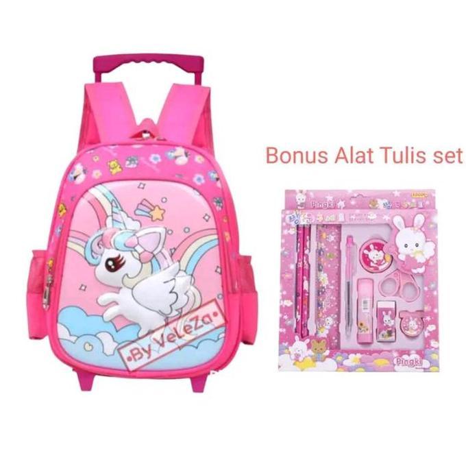 Tas Ransel Troli Anak Unicorn PAUD TK free alat tulis set - tas anak