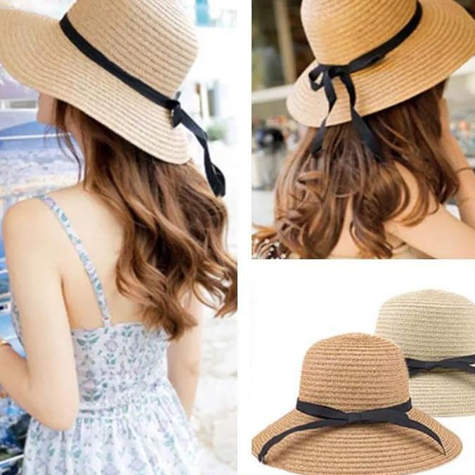 Topi Pantai Lebar Pita Hitam Bisa Dilipat Topi Pantai Model Mangkuk Topi Musim Panas Wanita