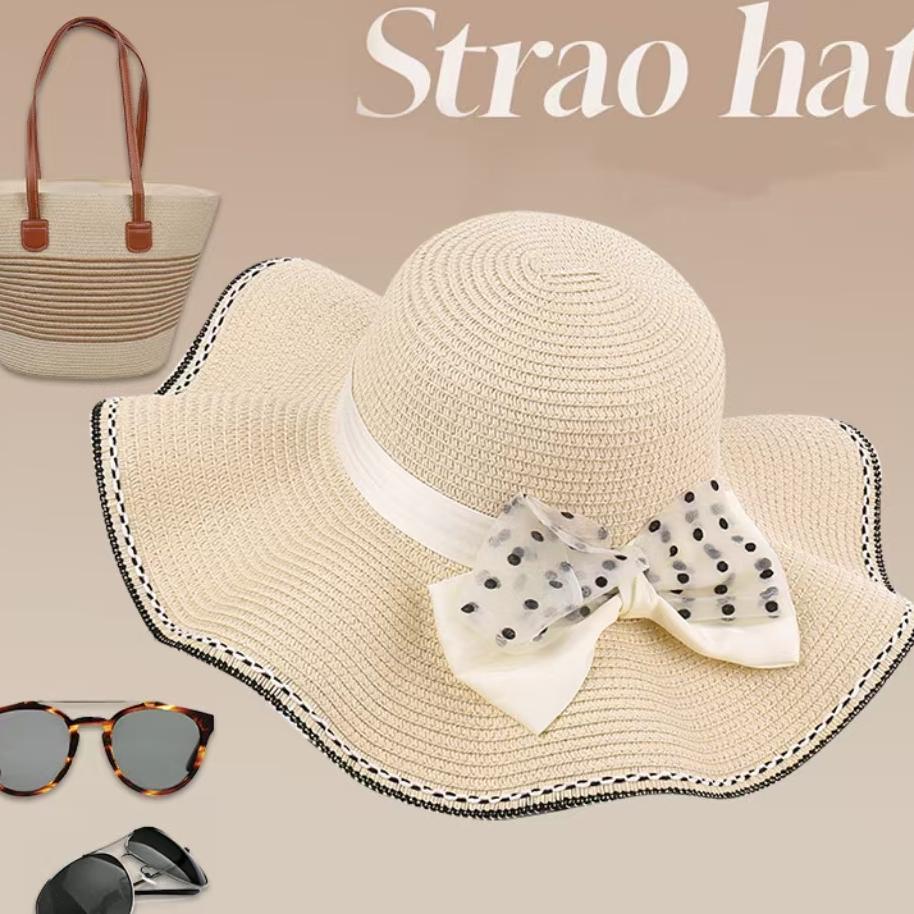 Topi Pantai Gelombang Pita Polkadot / Topi Pantai Lebar Fashion Wanita