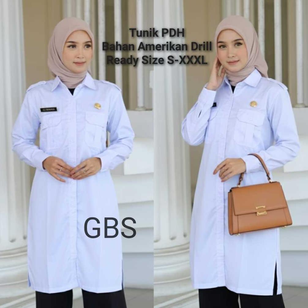 TUNIK PDH WANITA PUTIH POLOS BAHAN AMERIKAN DRILL TEBAL ADEM DAN HALUS/ SERAGAM PUTIH ASN PNS