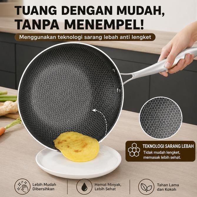 Wajan Honeycomb 32Cm Penggorengan Stainless Steel 304 Wok Antilengket Antigores Ch4515