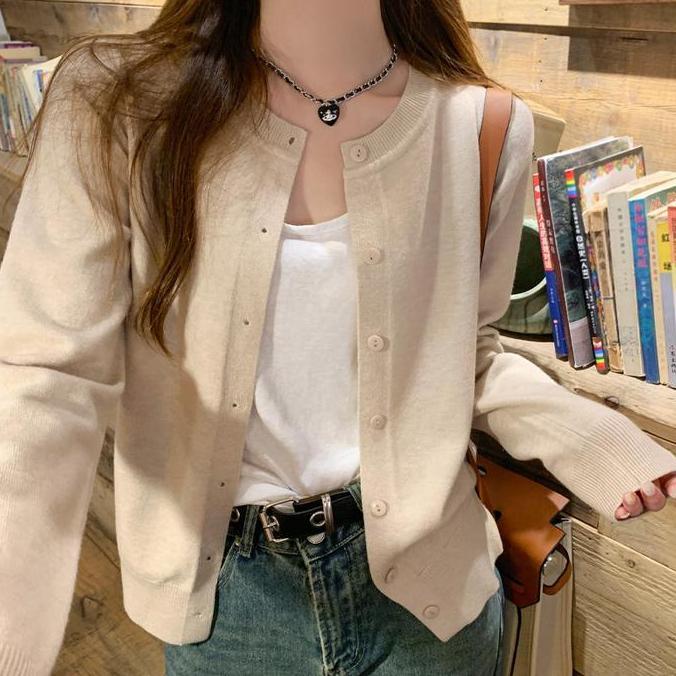 Kardigan rajutan tipis warna polos ramping lengan panjang serbaguna baru Knitwear Wanita Atasan Card