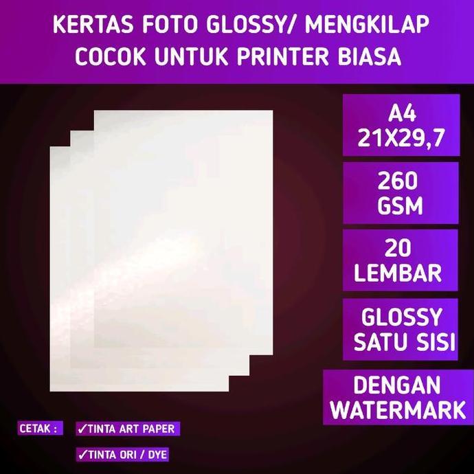 Kertas Foto Premium Mengkilap 260 GSM A4 isi 20 Lembar / Photo Paper Glossy satu sisi 260 gram Denga
