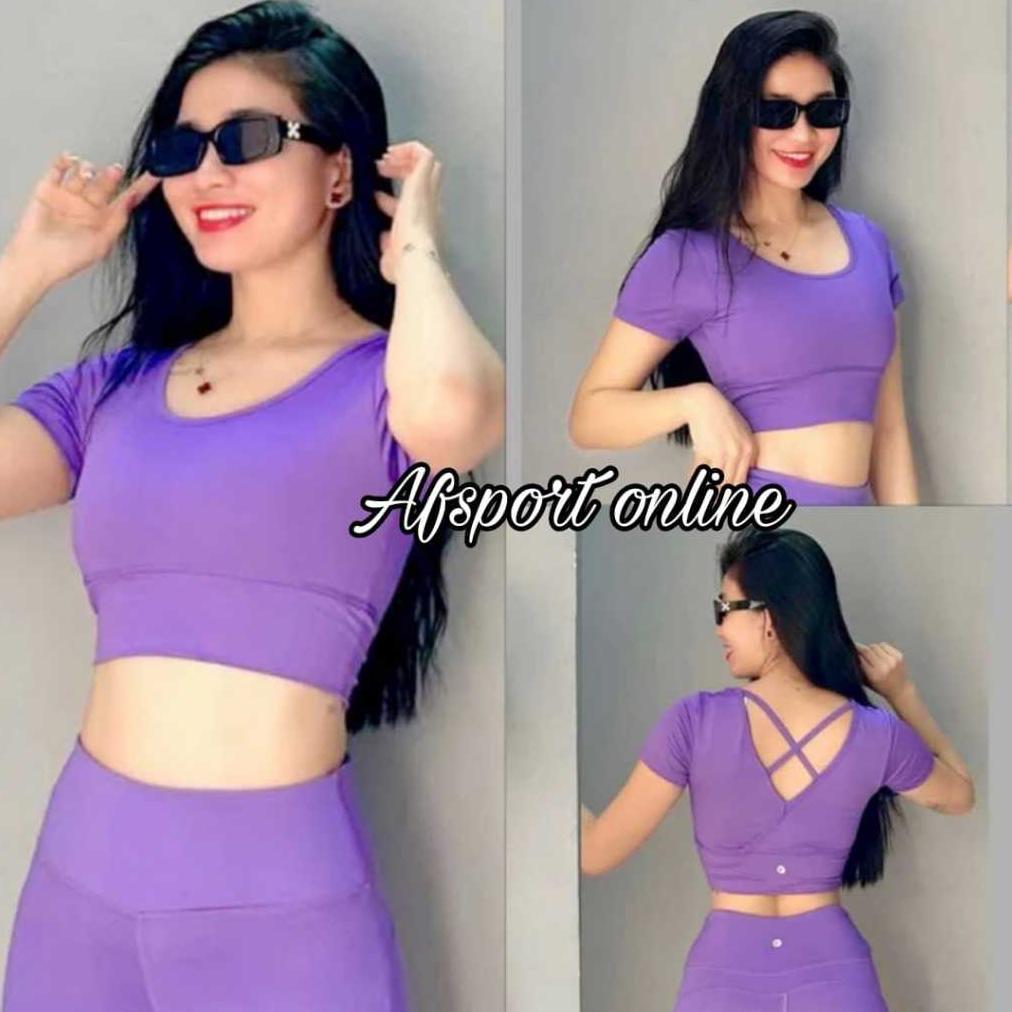 Berkualitas Afsport Online Baju Olahraga Wanita Ungu Crop Tali Silang Belakang Crop Olahraga Senam Z
