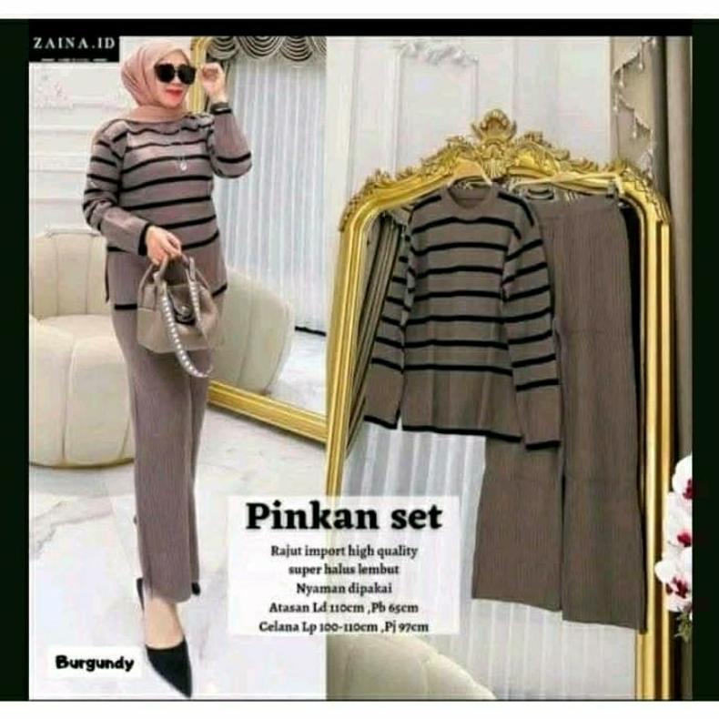 Grade Ori Atasaan Setelan Pakaian Set Wanita Pingkan Stelan Rajut Kekinian Motip Garis Garis