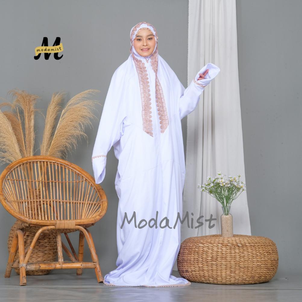 Diskont Mukena Dewasa Terusan Putih Katun Mikro Renda Mewah