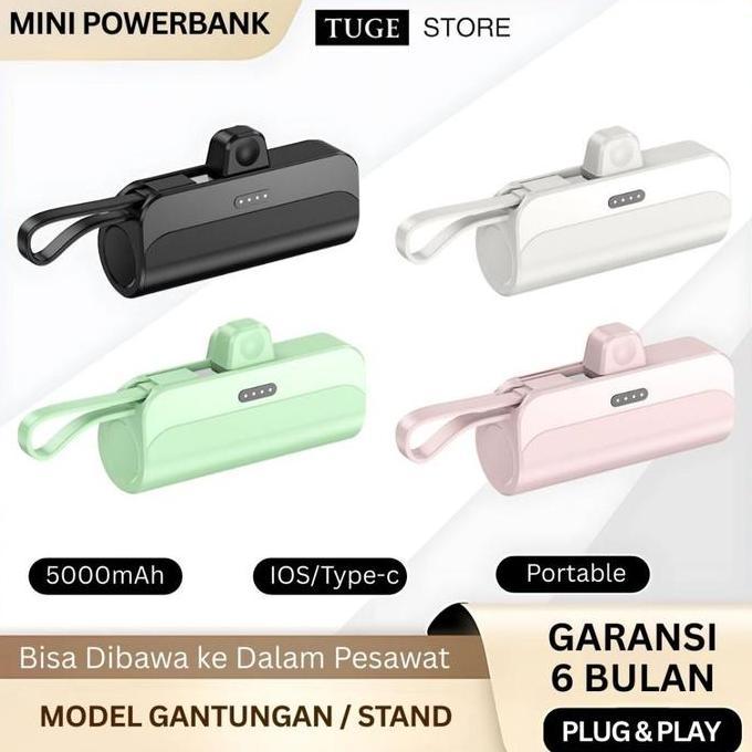 TUGE Mini Powerbank 5000mAh Kapsul Type C & Lightning Baterai Charger Ponsel Android iPhone Smartwat