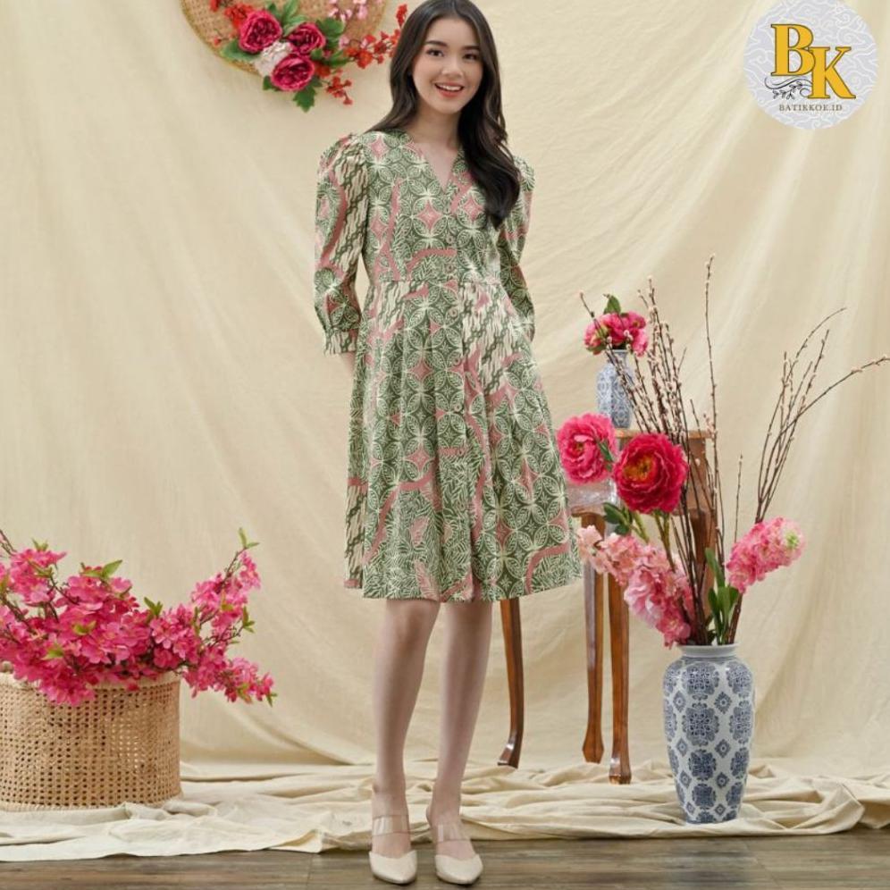 Saless Dress Batik Wanita 308 Ubi / Terusan Batik Modern Hijau / Batik Modern / Couple Family