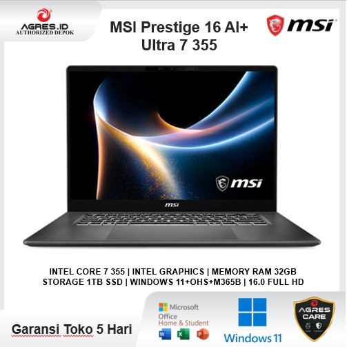 Laptop MSI PRESTIGE 16 AI+ ULTRA 7 355 32GB 1TB W11+OHS+M365B 16.0 2.8K
