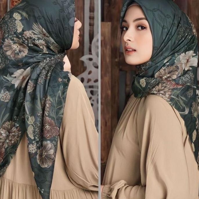 Hijab Voal Motif Premium Jilbab Segi Empat Motif Songket Hijau Botol