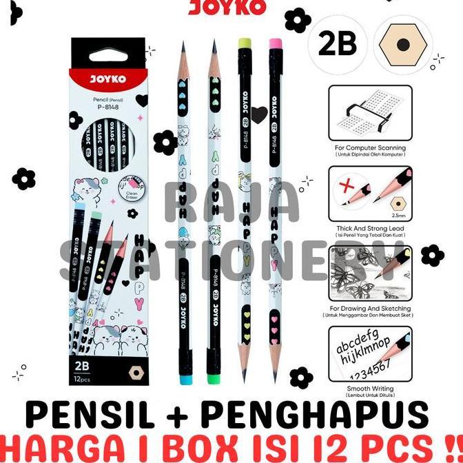 JOYKO PENCIL PENSIL KAYU JOYKO 2B MOTIF ANAK LUCU HAPPY CAT UJIAN P-8148 LUSIN BOX [12PCS]