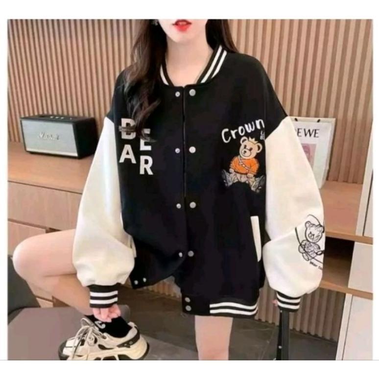 Diskon Crown Bear Jaket Baseball Varsity Wanita | Jaket Varsity Gaya Korea