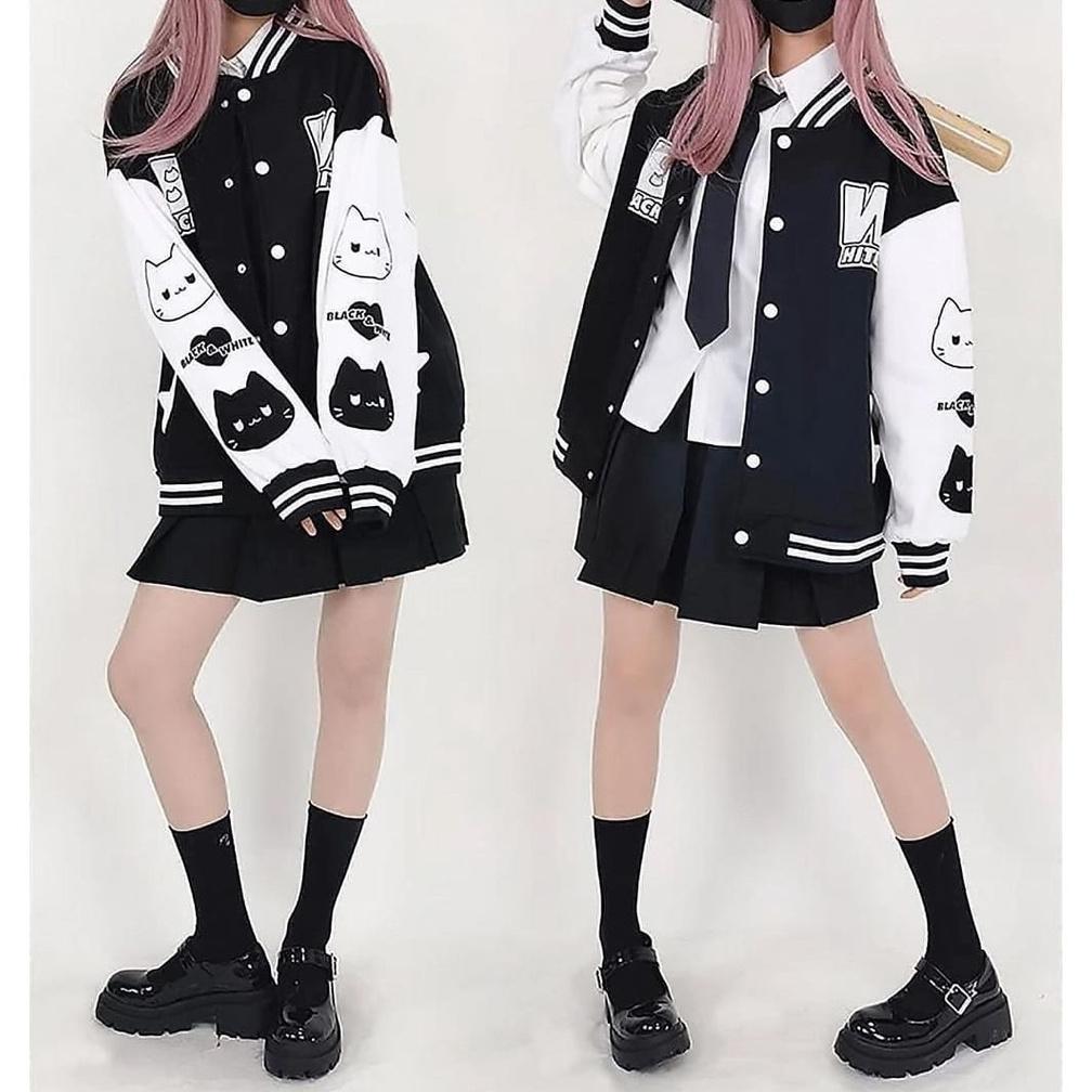 Free Ongkir Bw Cat Jacket Baseball Cewek Lucu | Jacket Varsity Black White Oversize Wanita Korea Sty