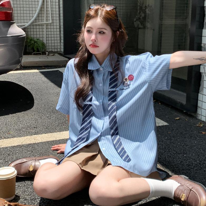 Murah !!! Meet.U Kemeja Dasi Wanita Kemeja Lengan Pendek Wanita Bergaris Biru Oversize Gaya Korea