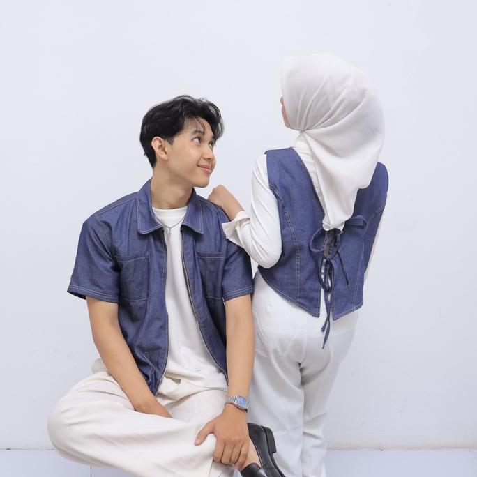 Jassminaa - Nanoona Vesta Couple Set Denim Boxy Shirt Pria Dan Vest Wanita Baju Couple Denim Pasanga