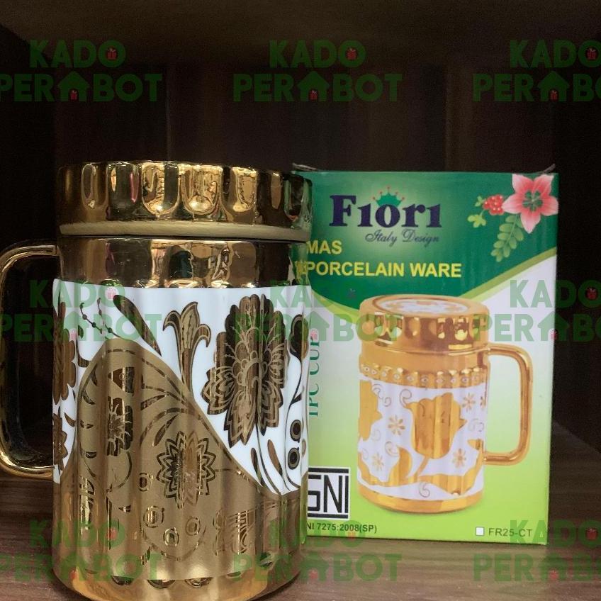 Mug Emas Fiori-Cangkir Tutup Keramik-Cangkir Emas Cantik