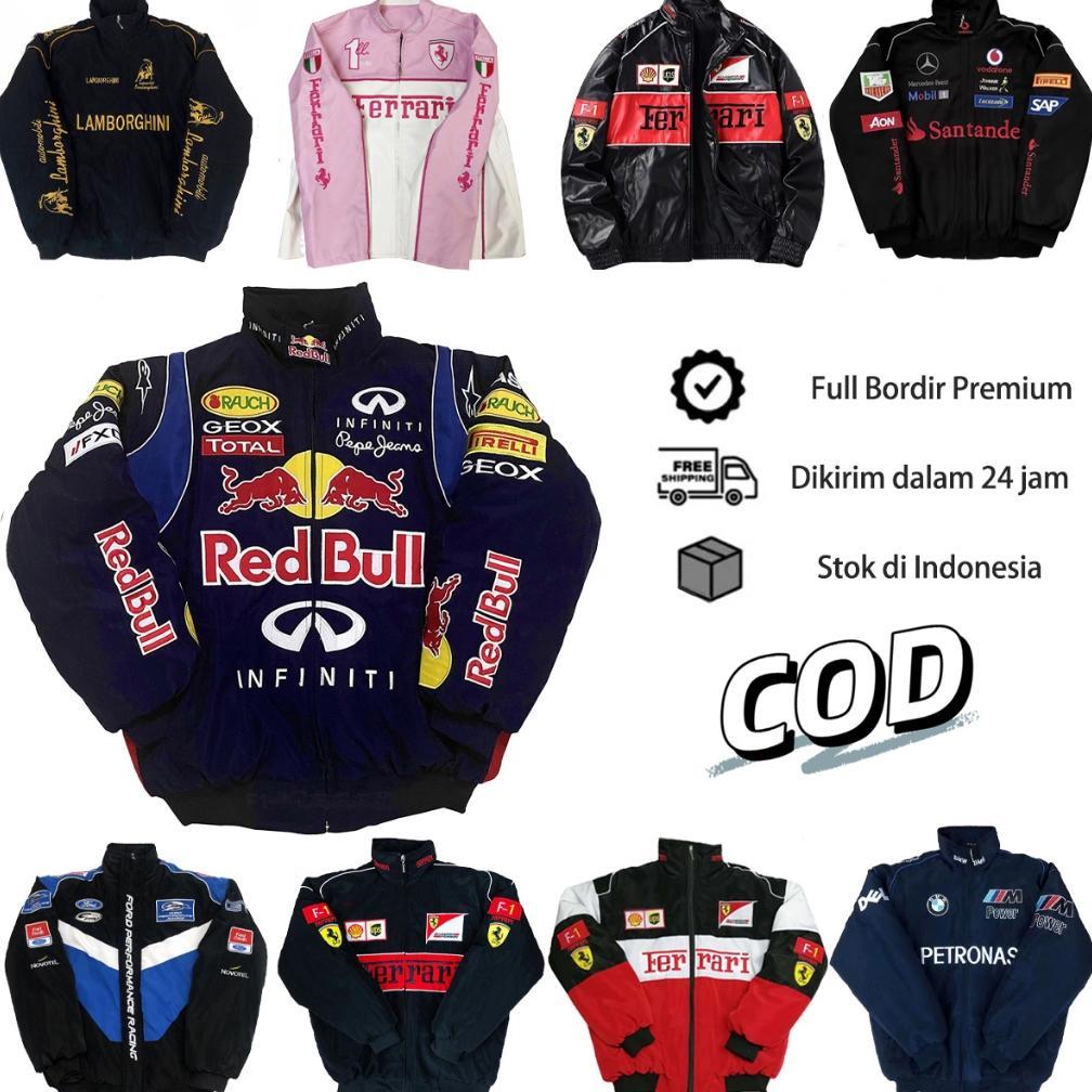 diskon [ready stock]jaket racing bordir retro sport ferrari f1 red bull unisex varsity baseball bomb