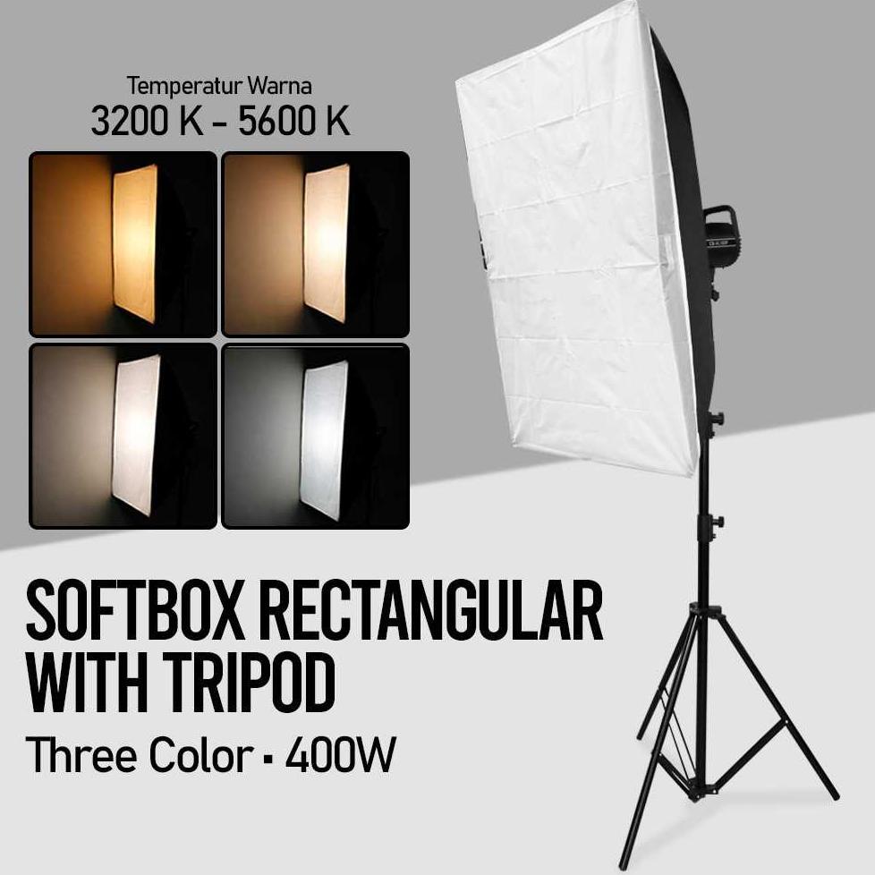 Xeni PAKET KOMPLIT LITURUI Softbox SL Rectangular Single Metal Three Color 400W with Tripod 200cm CB