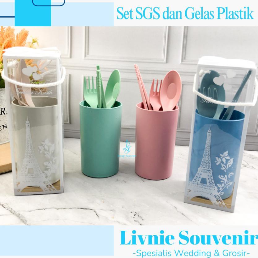 ( Per 10 Pcs ) Souvenir Gelas Lokal Plastik Lurus/Oval Set Sendok Sekop/Bebek Dibungkus Mika Motif