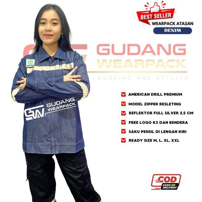 Wearpack Kerja Atasan Model Denim Lengan Panjang Warna Dongker