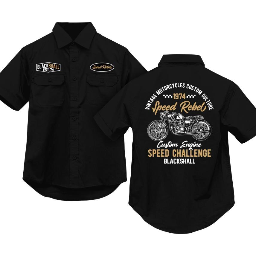 Blackshall - Baju Shirt Kemeja Pria Workshirt Lengan Pendek Warna Hitam Premium Bahan Adem & Nyaman 