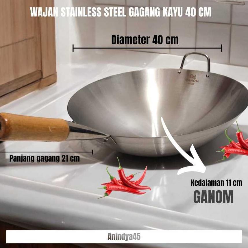 Wajan Stainless Steel Gagang Kayu /Kuali Gagang Stainless/Wajan Nasgor Stainless Gagang Kayu