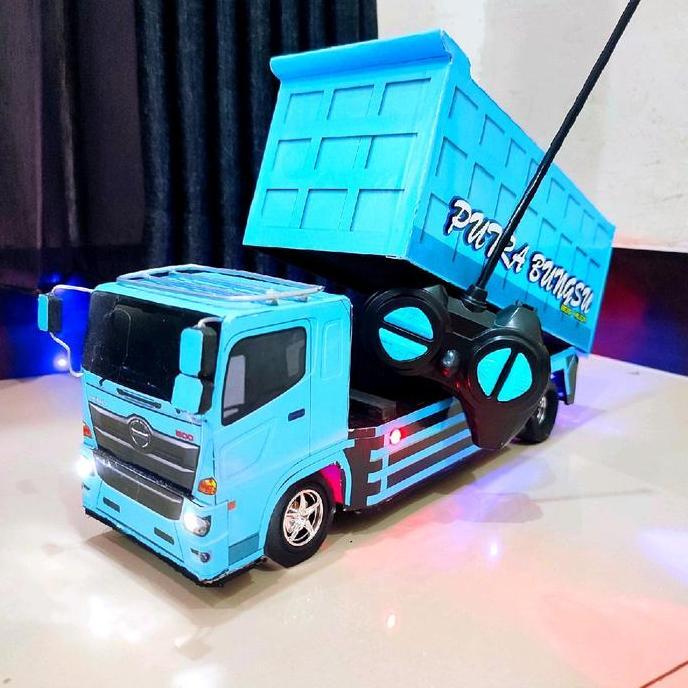 Kids Truk RC Mainan Anak_Miniatur Truk Dump Biru Remot Control Lampu