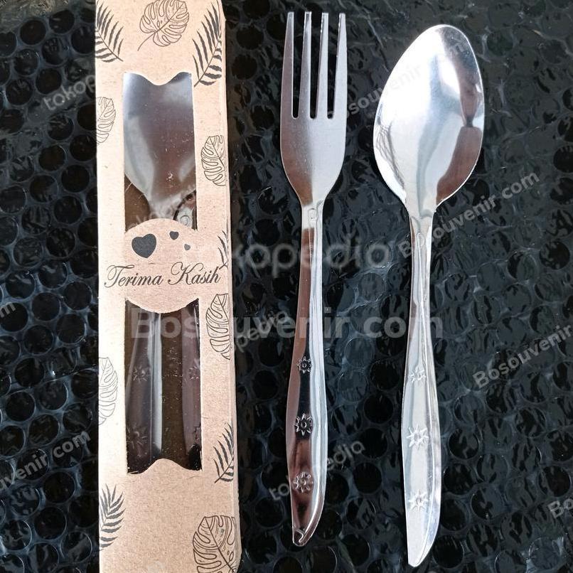 (50 Pcs) Souvenir 1 Set Sendok Garpu Stainless Kemas Box Rustic Sovenir Suvenir Sopenir Pernikahan