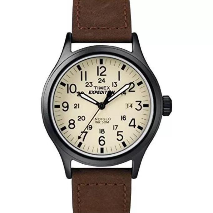 timex T49963 Men Expedition Scout Brown Leather Watch Date Indiglo