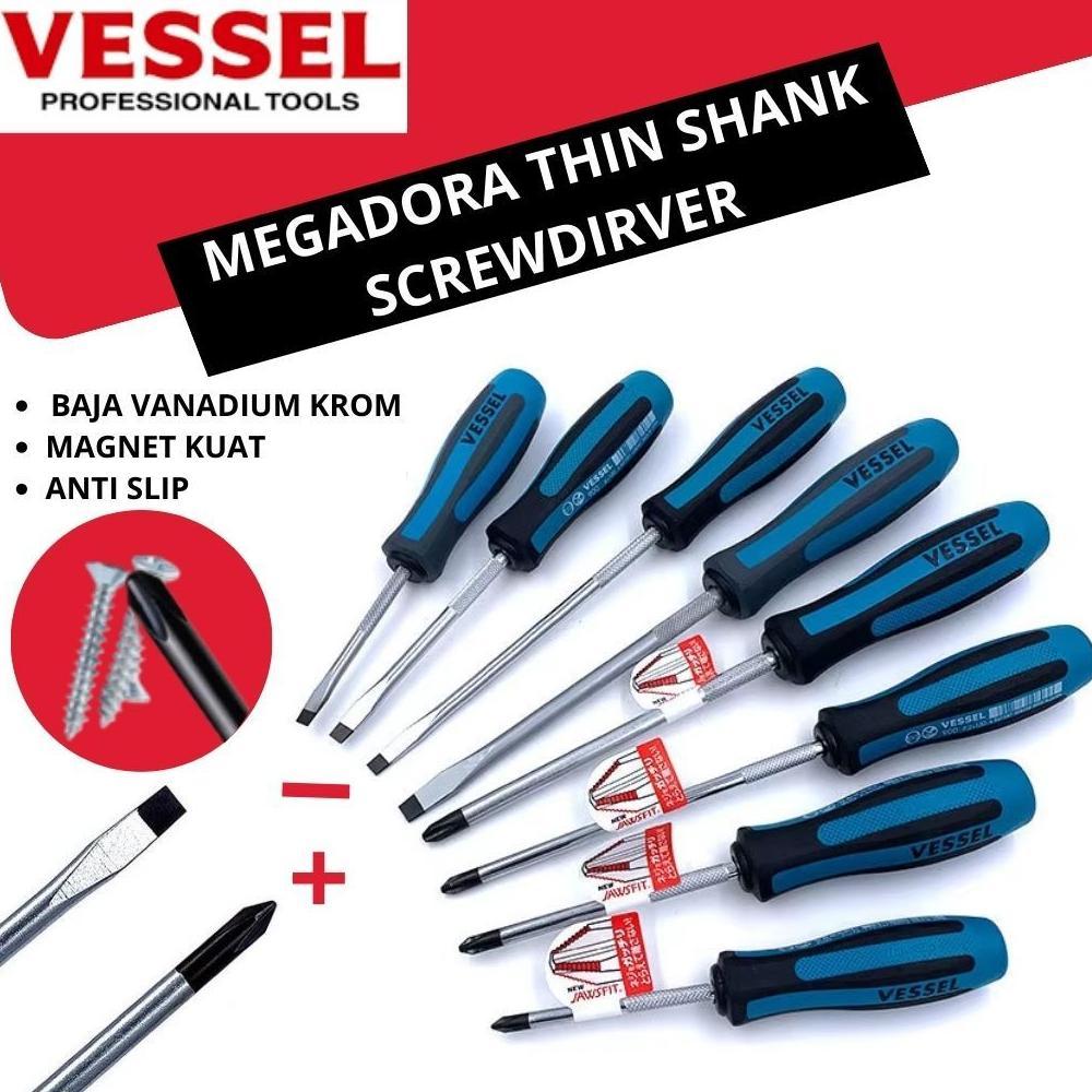 Vessel Obeng Set Megadora Magnet No. 910 Thin Shank Screwdriver Tipe Plus Minus Panjang Pendek Ori