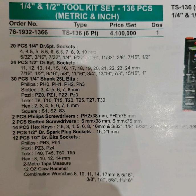 Wipro 1/4" & 1/2" Tool Kit Set 136 pcs metric & inch alat tukang pertukangan