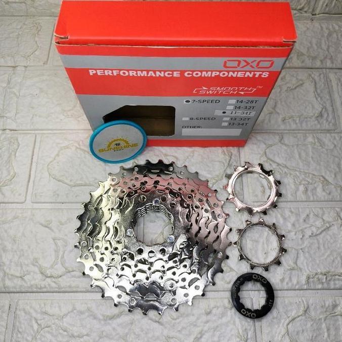 Sprocket Cassette 7 Speed OXO 11-32T / 11-34T CHROME Gir Slup TANPA DRAT Untuk HUB FreeHub jangkrik 