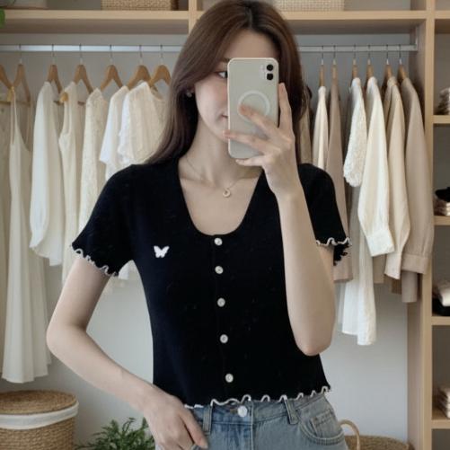 EXCLUSIVE ELODY Crop Top Button Rib BUTTERFLY / Kaos Crop Top Lengan Pendek Korean Style Atasan Wani