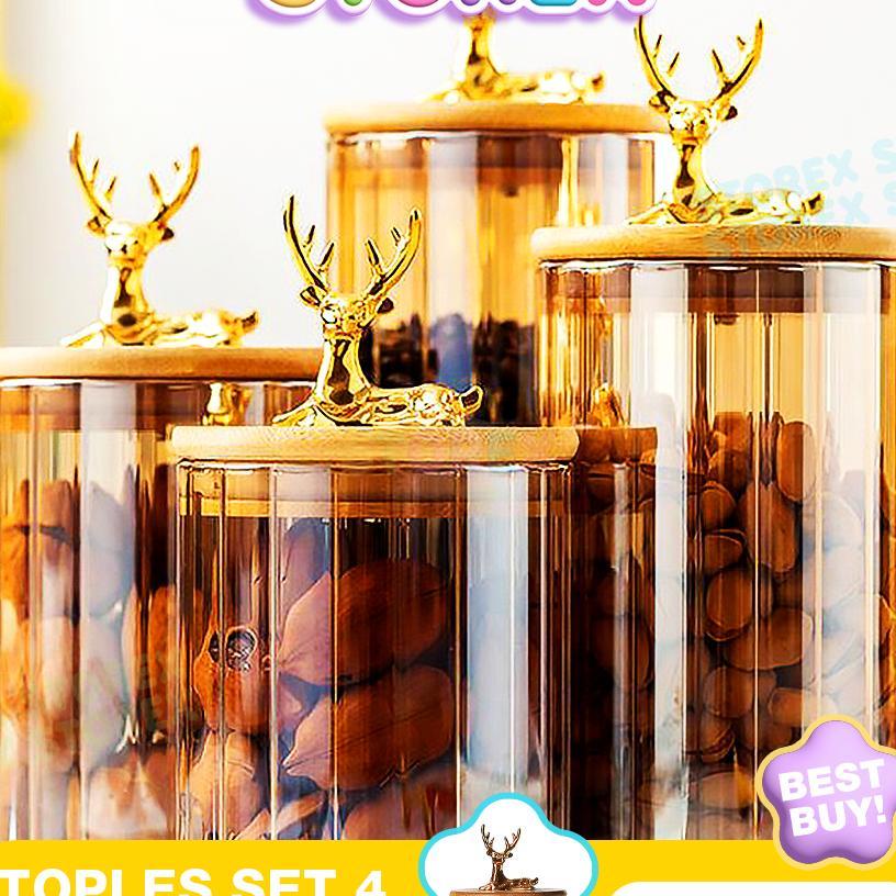 Storex Toples Kue Toples Kaca 1 Set Kedap Udara Isi 4 Pcs Ornamen Rusa Gold Serbaguna Toples Lebaran