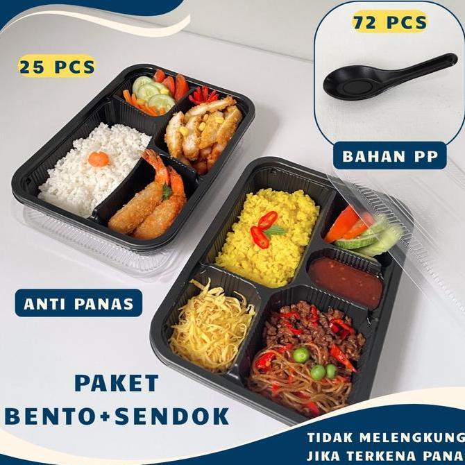 suhartatishop - paket thinwall bento tupai hitam sekat 4, sekat 5 + sendok thinwall bento hitam / ko