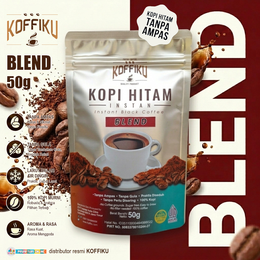 KOFFIKU [BLEND] 50gr Kopi Instan Hitam Tanpa Ampas & Bebas Gula Praktis / Spray Dried Instant Coffee