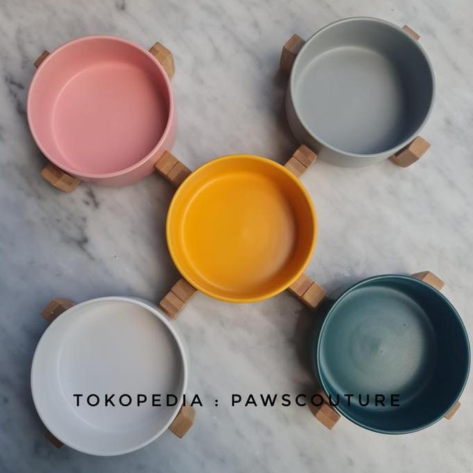 Tempat makan mangkok keramik anjing kucing hewan set stand pet bowl JS