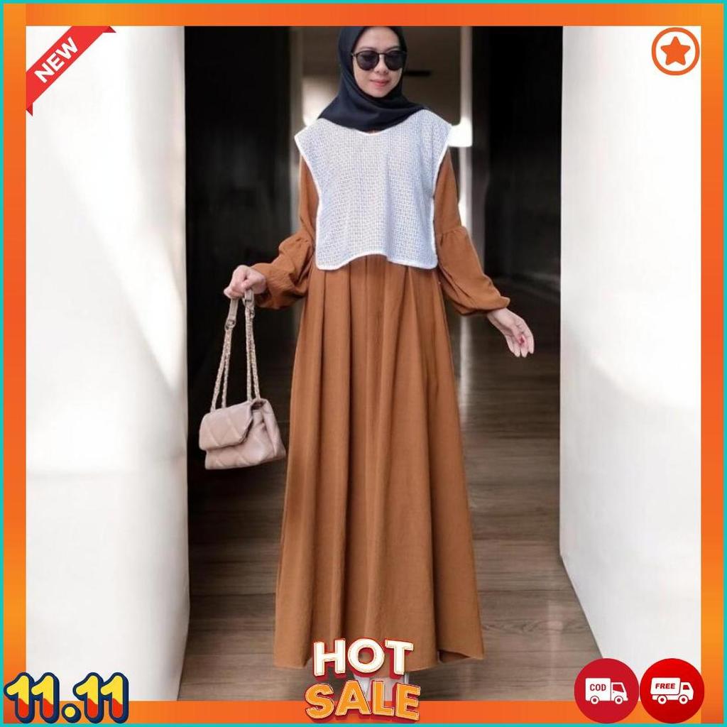 New Zeline Dress Brukat Premium Gamis Muslim Crinkle Airflow Kondangan Outer Bisa Lepas Pasang [G4]