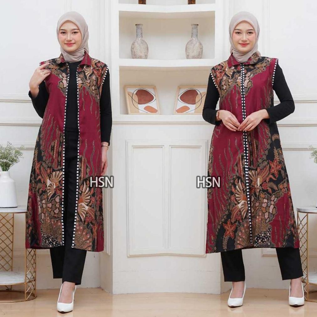 Best Seller Outer Batik Wanita Full Resleting Depan Kombinasi Lurik Long Cardi Batik Motif Modern Ke