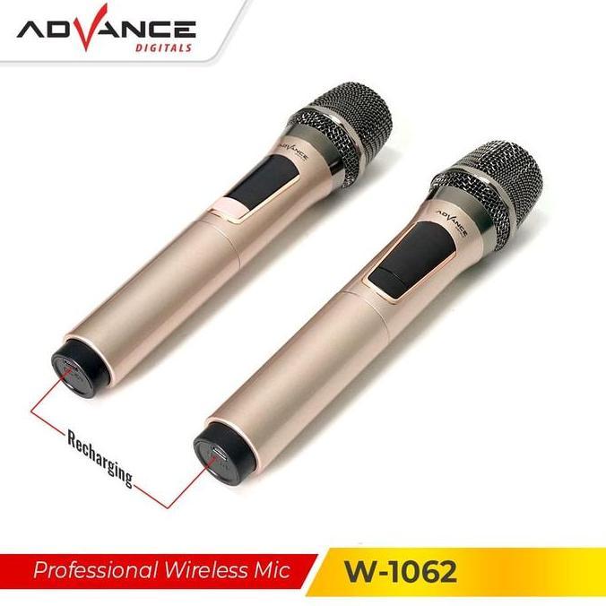Advance W-1062 Dual Mic Wireless Profesional Microphone + Amplifier Mic Wireless Batrei Gold