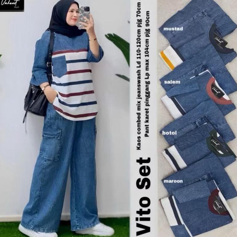 Flash Sale Setelan Jeans Xl,Xxl Wanita Dewasa Atasan Combed 24S Celana Jeans Kulot Cargo, Setelan Wa