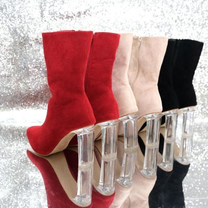 YKshoes 1697 heels 9cm angkle boots big chunky boots red cream black hak kaca clear jelly transparan
