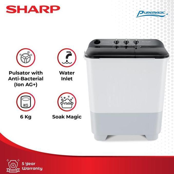 Mesin Cuci 2 Tabung ES-T65NT-GY / ES T65NT Grey 6 Kg