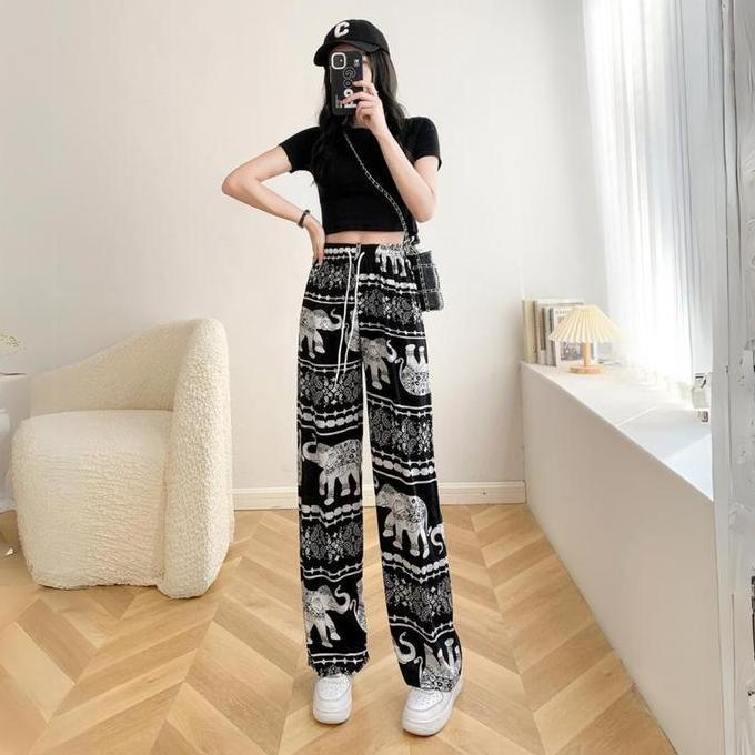 Agamisanah6 - Clova CPG458 Celana Motif Kulot Wanita Santai Gambar Gajah Bahan Rayon Halus Panjang K