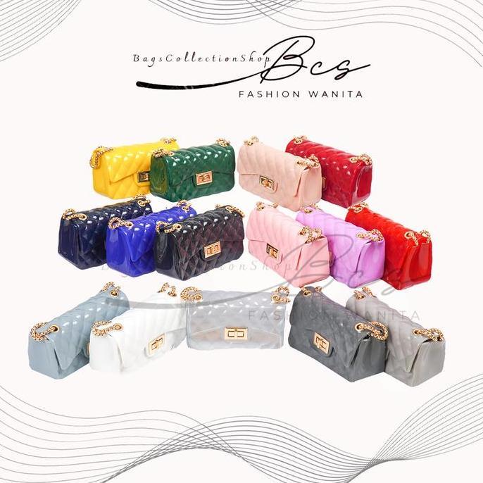 Tas Selempang Jelly Glossy 22 Cm Rantai Emas Wanita Slingbag