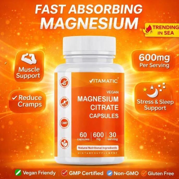Vitamatic Magnesium Citrate 500mg per Serving | 60 Kapsul Vegetarian 150mg Magnesium Elemen | Diperk